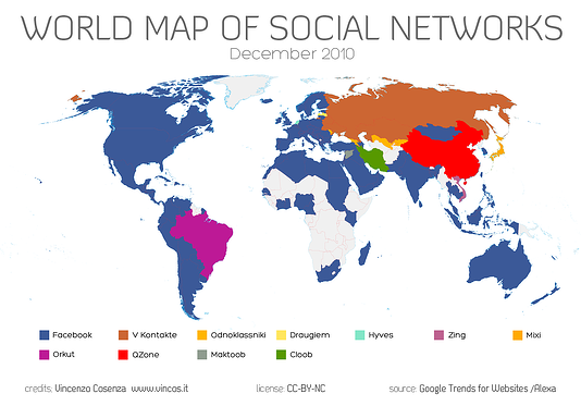 Weltkarte mit den meistgenutzten sozialen Netzwerken im jeweiligen Land (Dezember 2010)