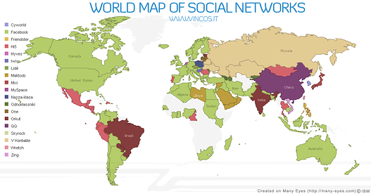 Weltkarte mit den meistgenutzten sozialen Netzwerken im jeweiligen Land (Juni 2009)