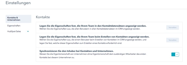 HubSpot CRM Kontakteinstellungen
