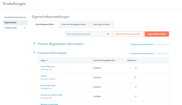 HubSpot Benutzeroberfläche Kontakteinstellungen