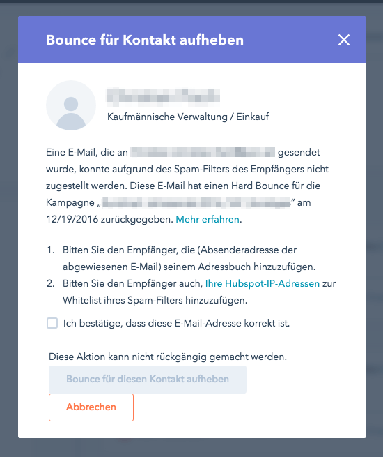 Bounce für Kontakte aufheben