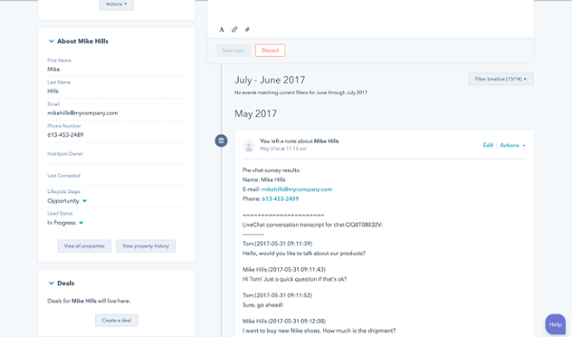 LiveChat Aufzeichnung in der Kontakt Chronik