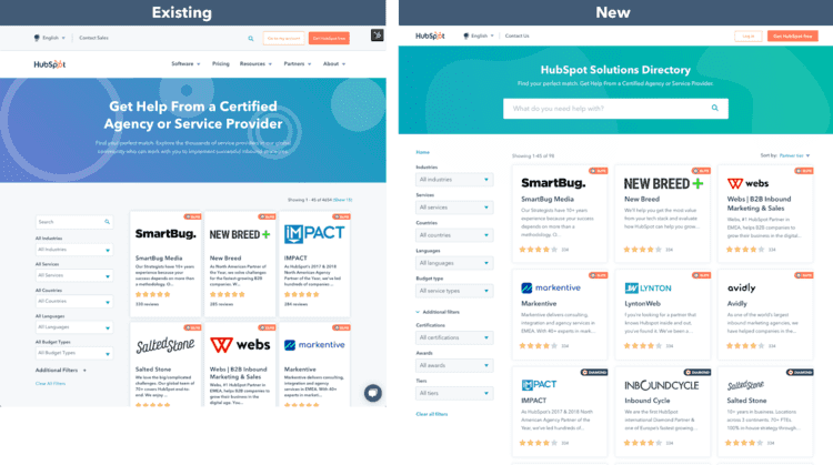 Gegenüberstellung der alten und der neuen Solutions Directory-Storefront.