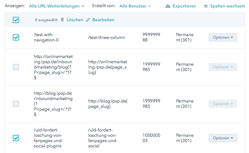 Bearbeitung mehrere Redirects auf einmal