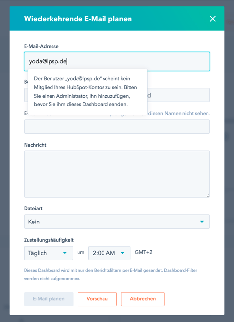 HubSpot Update - Wiederkehrende E-Mail planen Fehlermeldung