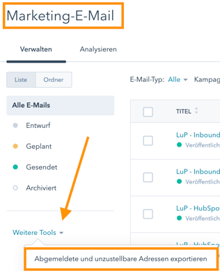 HubSpot Export abgemeldete und unzustellbare Adressen