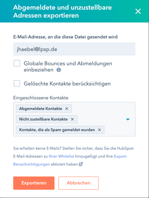 HubSpot Export abgemeldete und unzustellbare Adressen