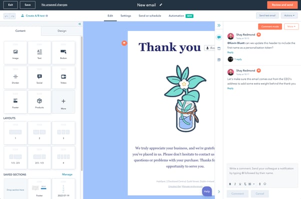 Hubspot Update (E-Mail)- Kommentarfunktion im Marketing-E-Mail-Editor_