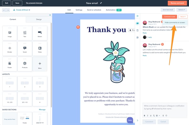 Hubspot Update (E-Mail)- Kommentarfunktion im Marketing-E-Mail-Editor_3