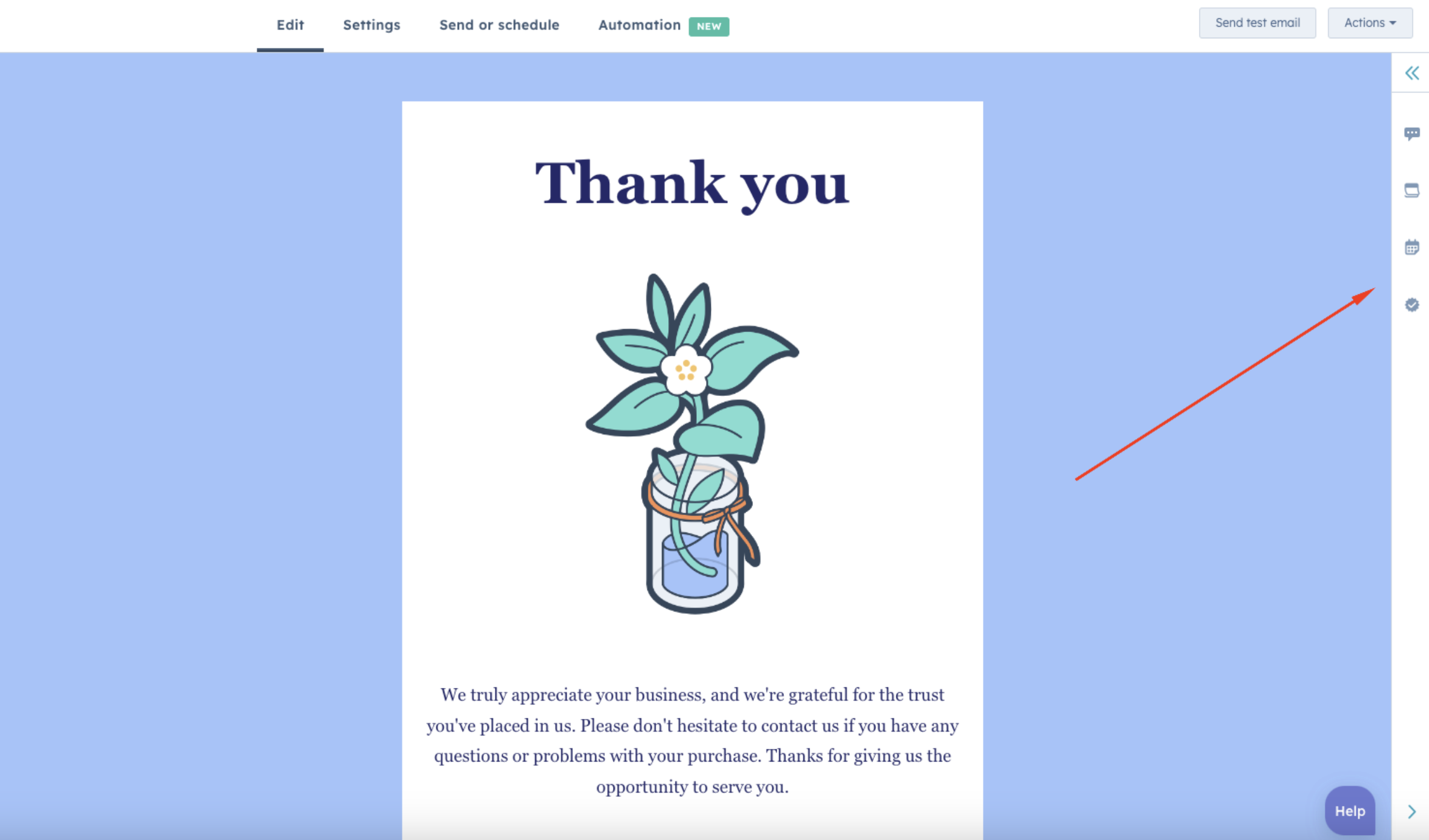 Bildschirmfoto HubSpot Update (E-Mails): Drag-&-Drop Seitenleiste - Kooperation in E-Mails - vorher Bild