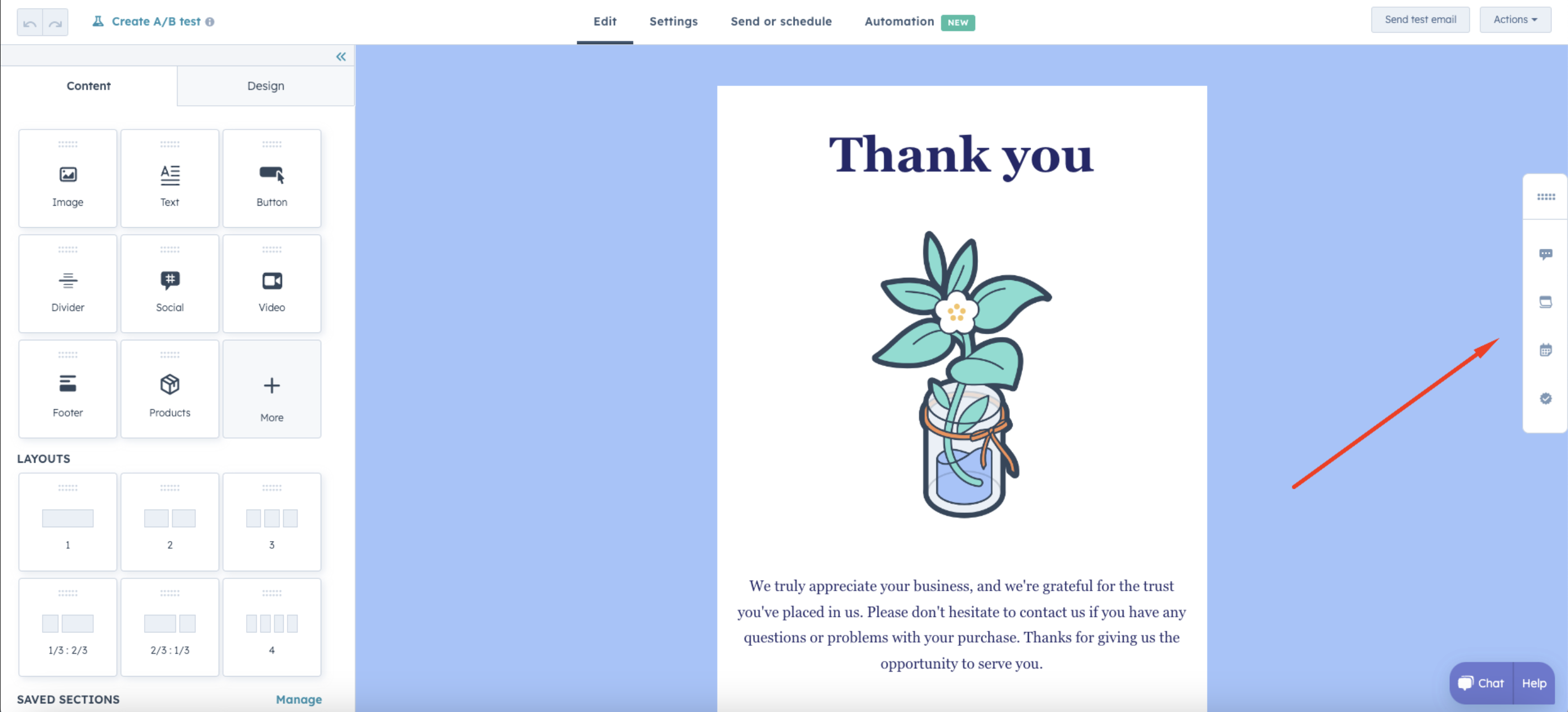 Bildschirmfoto HubSpot Update (E-Mails): Drag-&-Drop Seitenleiste - Kooperation in E-Mails - nachher Bild