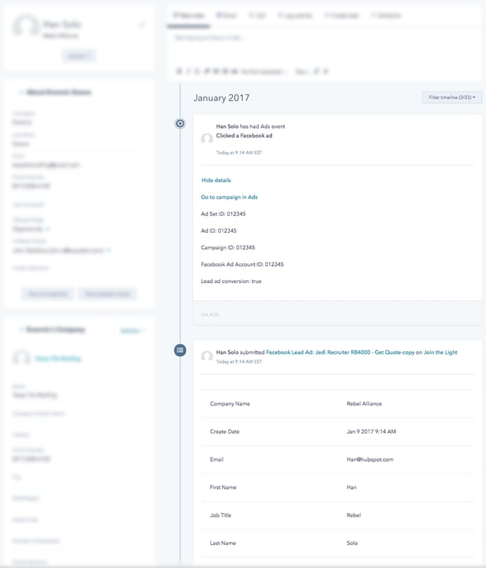 Facebook Ads Informationen in der Kontaktchronik